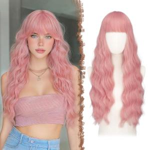 FESHFEN Brown Blonde Wig with Bangs for Women, Long Wavy Natural Looking Synthetic Hair Wigs for Daily Party Costume, Brown Mixed Blonde 26 inch(Pink)