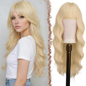 FESHFEN Brown Blonde Wig with Bangs for Women, Long Wavy Natural Looking Synthetic Hair Wigs for Daily Party Costume, Brown Mixed Blonde 26 inch(Platinum Blonde)