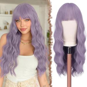 FESHFEN Brown Blonde Wig with Bangs for Women, Long Wavy Natural Looking Synthetic Hair Wigs for Daily Party Costume, Brown Mixed Blonde 26 inch(Purple)