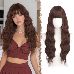 FESHFEN Brown Blonde Wig with Bangs for Women, Long Wavy Natural Looking Synthetic Hair Wigs for Daily Party Costume, Brown Mixed Blonde 26 inch(Reddish Brown)