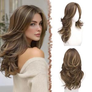 FESHFEN Grey Wavy Layered Wig with Curtain Bangs for Women, 22 Inch Long Synthetic Natural Looking Middle Part Hair Wig For Costume Party Daily Use(Brown Mixed Blonde)