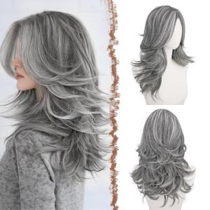 FESHFEN Grey Wavy Layered Wig with Curtain Bangs for Women, 22 Inch Long Synthetic Natural Looking Middle Part Hair Wig For Costume Party Daily Use(Grey)