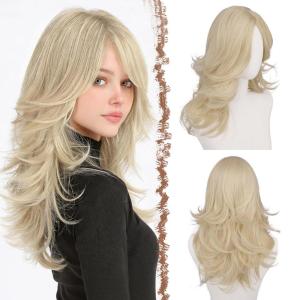 FESHFEN Grey Wavy Layered Wig with Curtain Bangs for Women, 22 Inch Long Synthetic Natural Looking Middle Part Hair Wig For Costume Party Daily Use(Light Blonde)