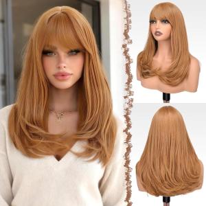 FESHFEN Long Wigs with Bangs, Synthetic Natural Looking Layered Straight Hair Wig for Women Daily Party Use 18 inch, Natural Black(Auburn Brown)