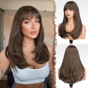 FESHFEN Long Wigs with Bangs, Synthetic Natural Looking Layered Straight Hair Wig for Women Daily Party Use 18 inch, Natural Black(Chestnut Brown)