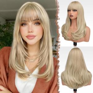 FESHFEN Long Wigs with Bangs, Synthetic Natural Looking Layered Straight Hair Wig for Women Daily Party Use 18 inch, Natural Black(Dirty Blonde)