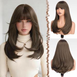 FESHFEN Long Wigs with Bangs, Synthetic Natural Looking Layered Straight Hair Wig for Women Daily Party Use 18 inch, Natural Black(Light Brown)