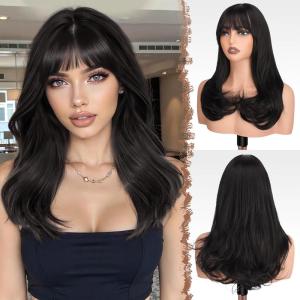 FESHFEN Long Wigs with Bangs, Synthetic Natural Looking Layered Straight Hair Wig for Women Daily Party Use 18 inch, Natural Black(Natural Black)
