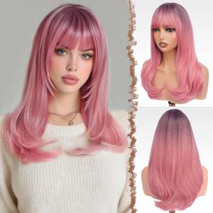 FESHFEN Long Wigs with Bangs, Synthetic Natural Looking Layered Straight Hair Wig for Women Daily Party Use 18 inch, Natural Black(Ombre Pink)