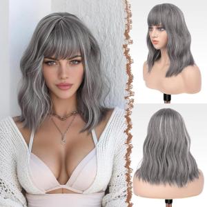 FESHFEN Shoulder Length Wigs with Bangs – Ombre Blonde Natural Looking Wavy Medium Length Synthetic Hair Bob Wig for Women Daily Party Use, 14 inch(Mix Grey)