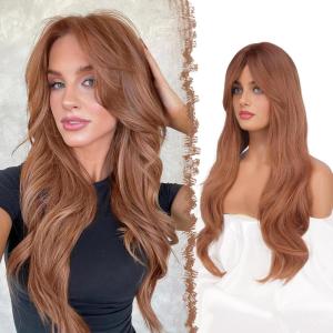 FESHFEN Wigs for Women, Long Layered Wigs with Curtain Bangs Natural Looking Synthetic Heat Resistant Hair Wig for Daily Use Party, 26 inch Ombre Brown(Auburn)