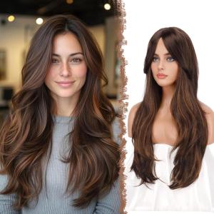 FESHFEN Wigs for Women, Long Layered Wigs with Curtain Bangs Natural Looking Synthetic Heat Resistant Hair Wig for Daily Use Party, 26 inch Ombre Brown(Brown Mixed Auburn)