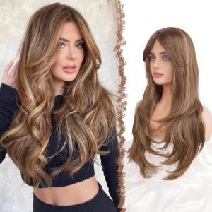 FESHFEN Wigs for Women, Long Layered Wigs with Curtain Bangs Natural Looking Synthetic Heat Resistant Hair Wig for Daily Use Party, 26 inch Ombre Brown(Brown Mixed Blonde)