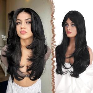 FESHFEN Wigs for Women, Long Layered Wigs with Curtain Bangs Natural Looking Synthetic Heat Resistant Hair Wig for Daily Use Party, 26 inch Ombre Brown(Black)