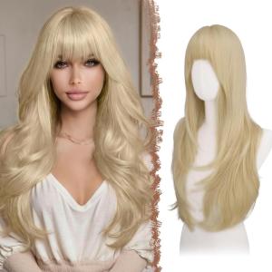 FESHFEN Wigs for Women, Long Layered Wigs with Curtain Bangs Natural Looking Synthetic Heat Resistant Hair Wig for Daily Use Party, 26 inch Ombre Brown(Light Blonde)