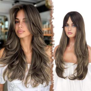 FESHFEN Wigs for Women, Long Layered Wigs with Curtain Bangs Natural Looking Synthetic Heat Resistant Hair Wig for Daily Use Party, 26 inch Ombre Brown(Ombre Brown Blonde)
