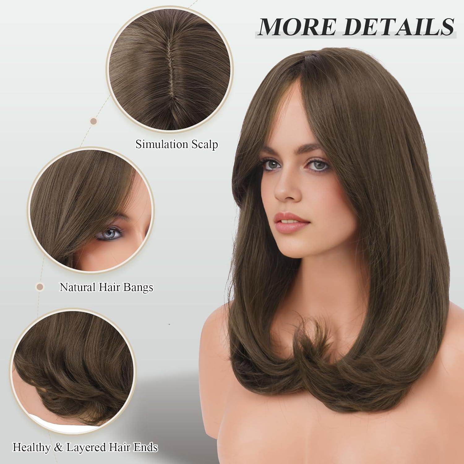imageFESHFEN Lace Front Hairline Wigs with Bangs Synthetic Natural Looking Long Layered Straight Hair Wig for Women Daily Party Costume 18 inch Ombre Mixed BlondeMedium Brown