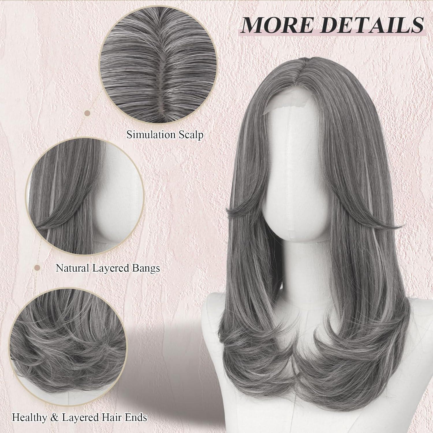 imageFESHFEN Lace Front Hairline Wigs with Bangs Synthetic Natural Looking Long Layered Straight Hair Wig for Women Daily Party Costume 18 inch Ombre Mixed BlondeMix Greywith Lace Hairline