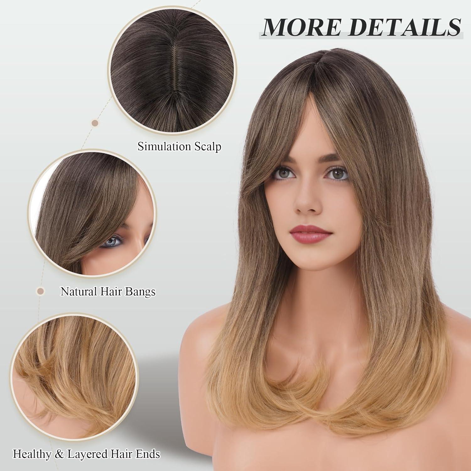 imageFESHFEN Lace Front Hairline Wigs with Bangs Synthetic Natural Looking Long Layered Straight Hair Wig for Women Daily Party Costume 18 inch Ombre Mixed BlondeBrown Ombre Blonde