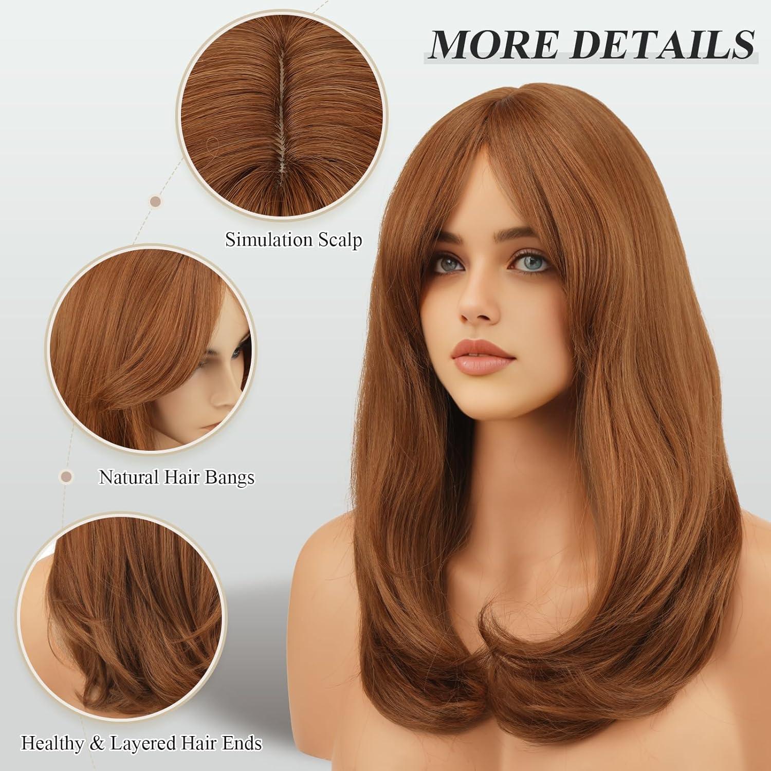 imageFESHFEN Lace Front Hairline Wigs with Bangs Synthetic Natural Looking Long Layered Straight Hair Wig for Women Daily Party Costume 18 inch Ombre Mixed BlondeAuburn