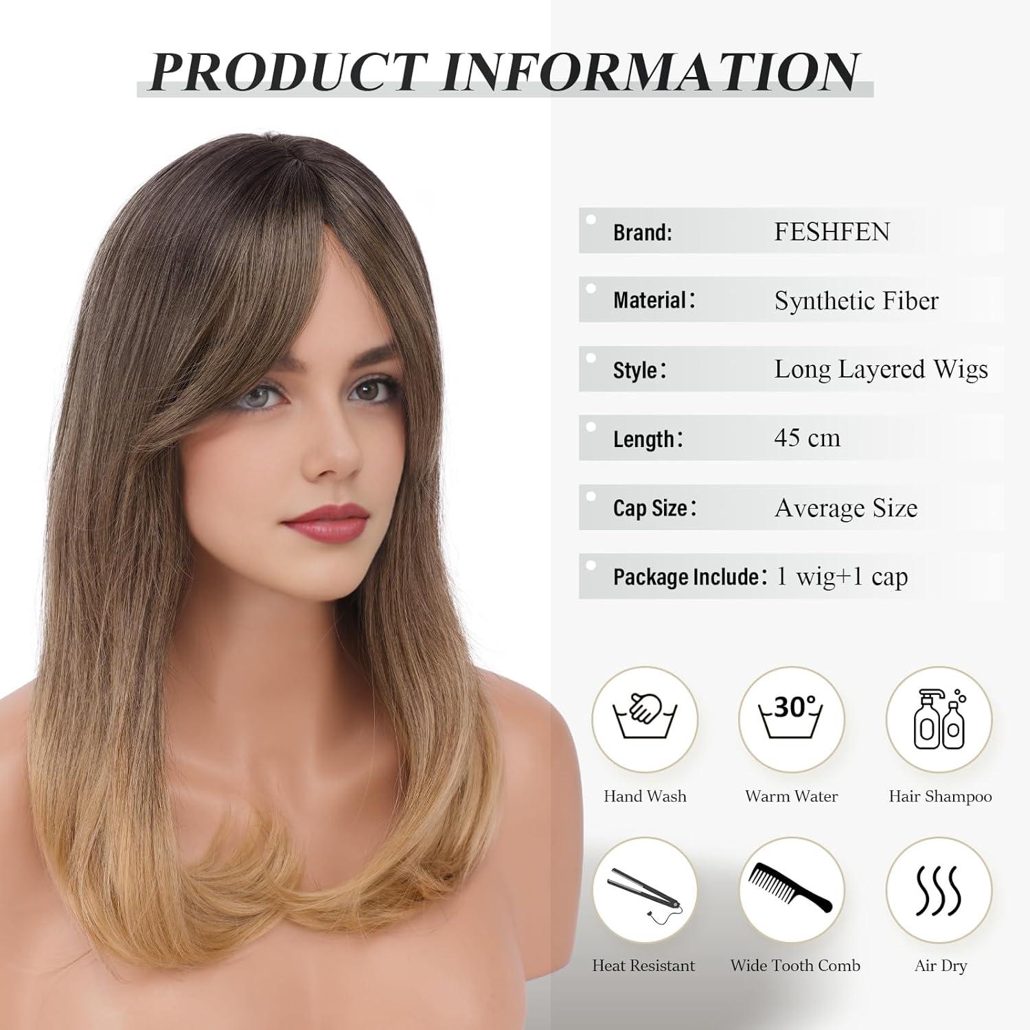 imageFESHFEN Lace Front Hairline Wigs with Bangs Synthetic Natural Looking Long Layered Straight Hair Wig for Women Daily Party Costume 18 inch Ombre Mixed BlondeBrown Ombre Blonde