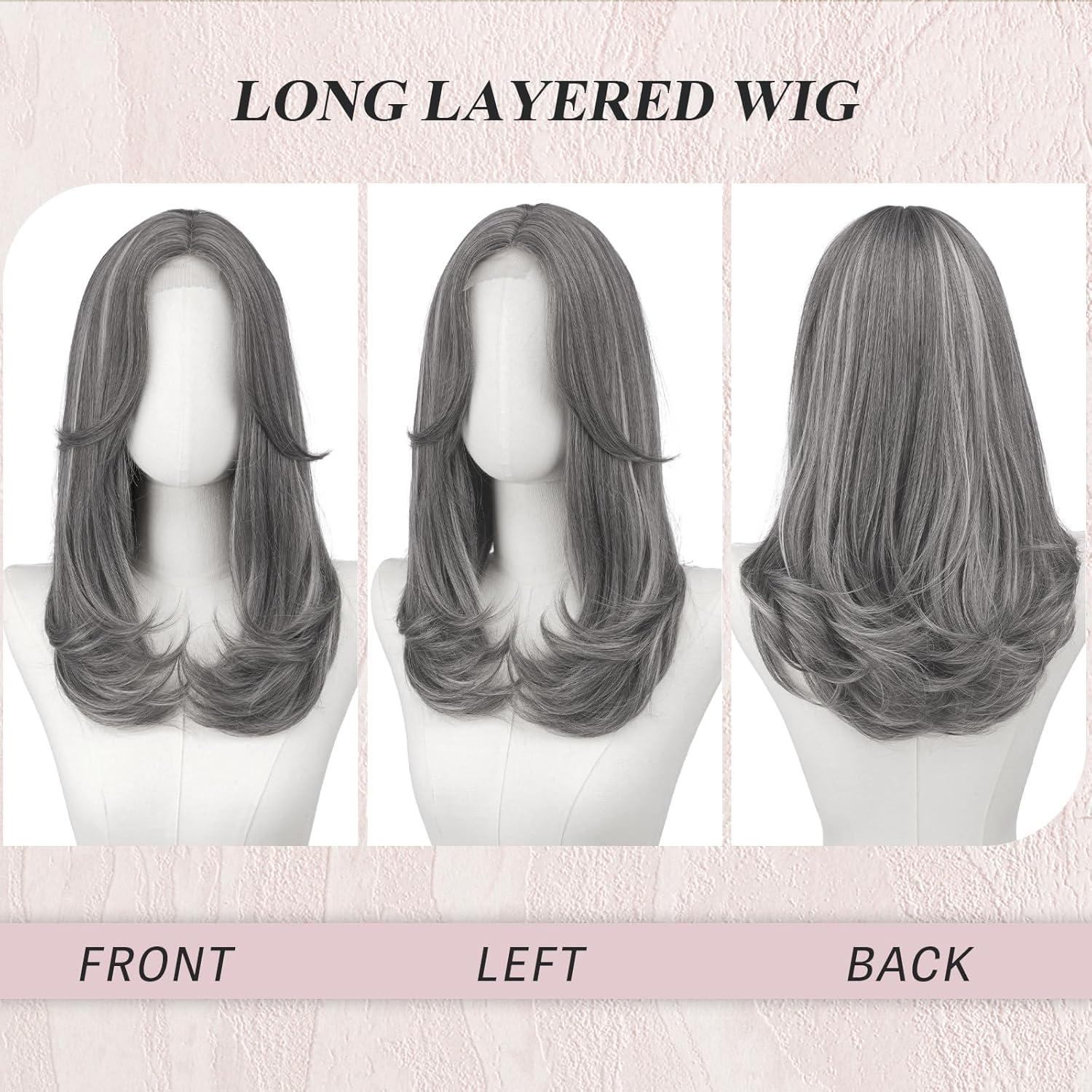 imageFESHFEN Lace Front Hairline Wigs with Bangs Synthetic Natural Looking Long Layered Straight Hair Wig for Women Daily Party Costume 18 inch Ombre Mixed BlondeMix Greywith Lace Hairline
