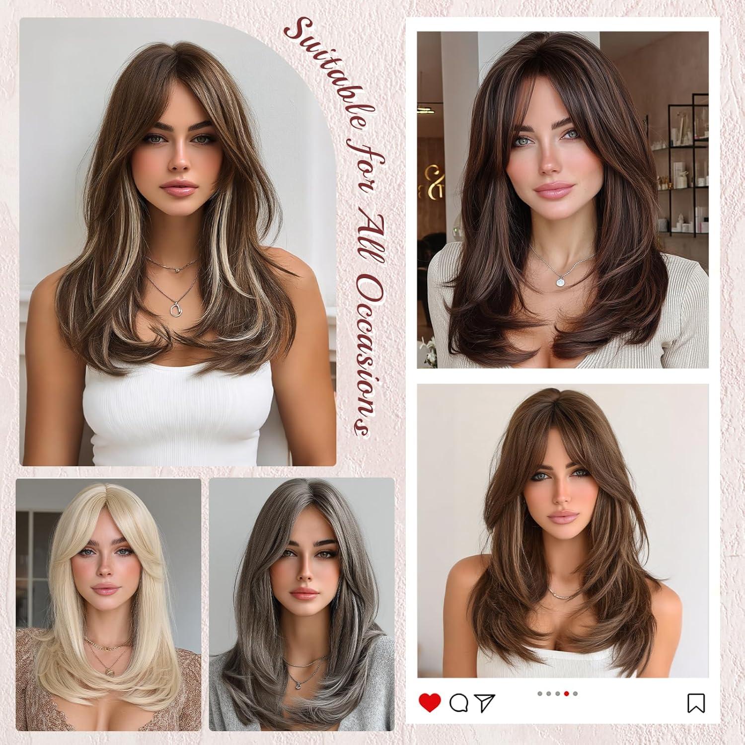 imageFESHFEN Lace Front Hairline Wigs with Bangs Synthetic Natural Looking Long Layered Straight Hair Wig for Women Daily Party Costume 18 inch Ombre Mixed BlondeMix Greywith Lace Hairline