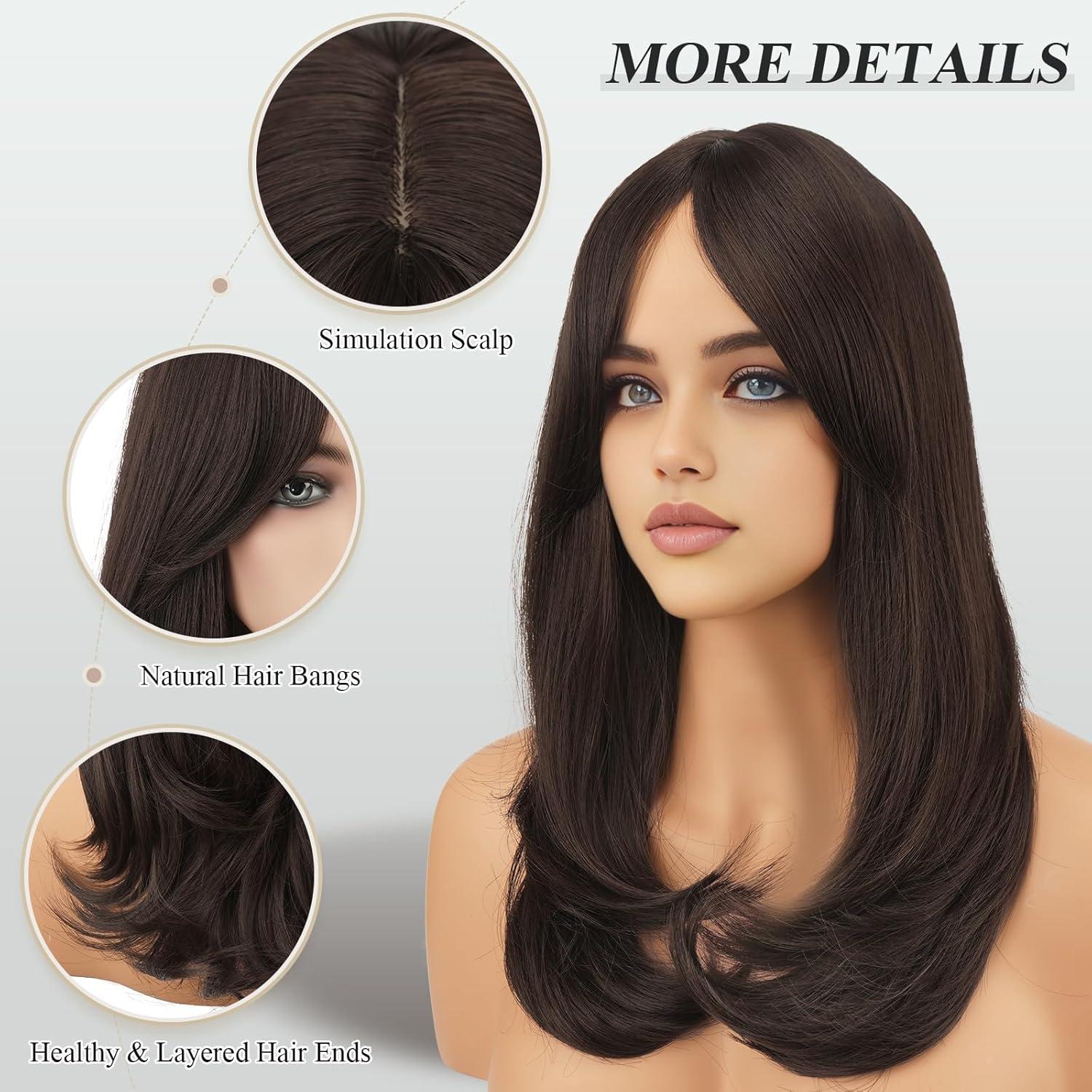 imageFESHFEN Lace Front Hairline Wigs with Bangs Synthetic Natural Looking Long Layered Straight Hair Wig for Women Daily Party Costume 18 inch Ombre Mixed BlondeBrown