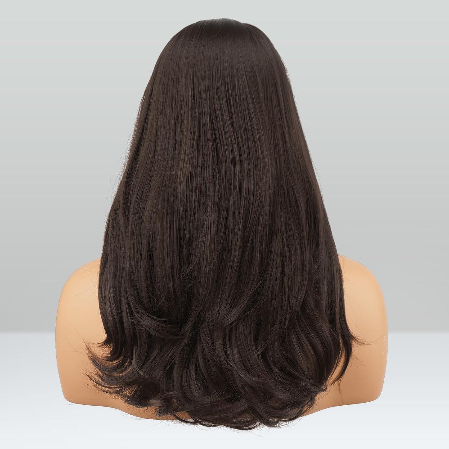 imageFESHFEN Lace Front Hairline Wigs with Bangs Synthetic Natural Looking Long Layered Straight Hair Wig for Women Daily Party Costume 18 inch Ombre Mixed BlondeBrown