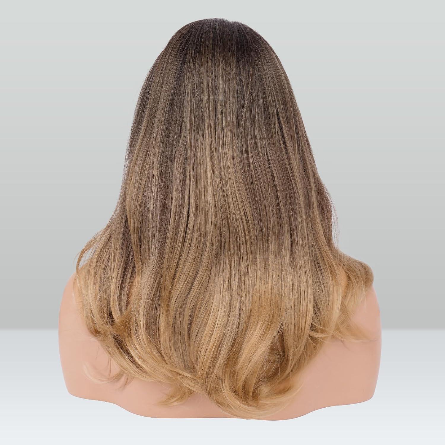 imageFESHFEN Lace Front Hairline Wigs with Bangs Synthetic Natural Looking Long Layered Straight Hair Wig for Women Daily Party Costume 18 inch Ombre Mixed BlondeBrown Ombre Blonde