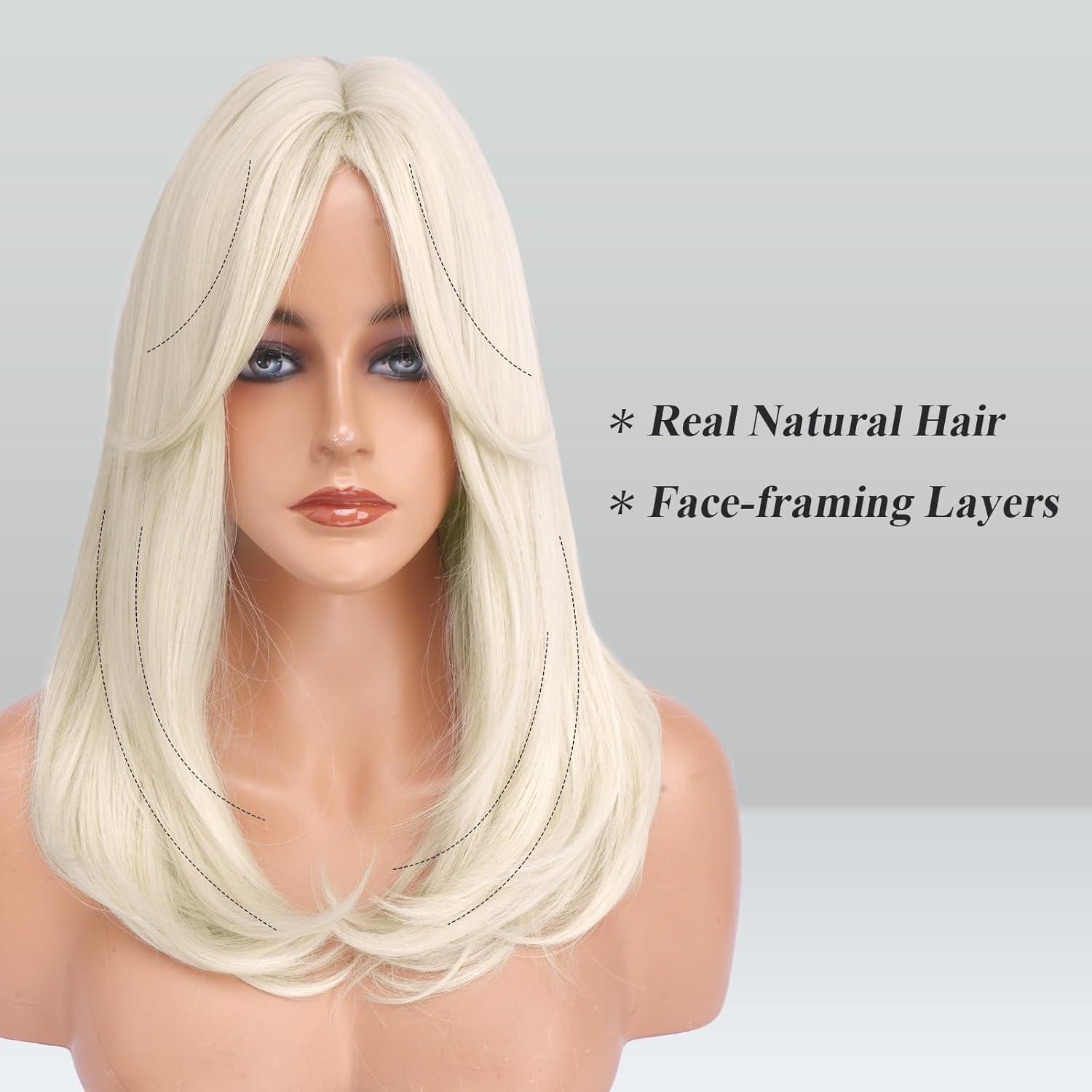 imageFESHFEN Lace Front Hairline Wigs with Bangs Synthetic Natural Looking Long Layered Straight Hair Wig for Women Daily Party Costume 18 inch Ombre Mixed BlondePlatina White