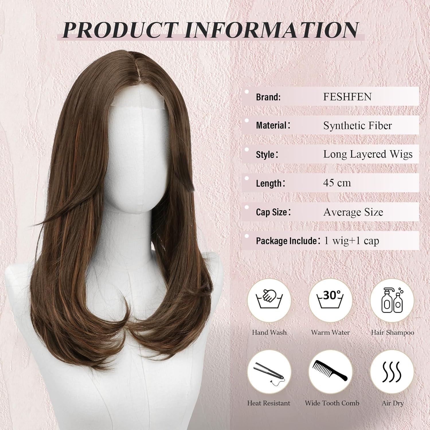 imageFESHFEN Lace Front Hairline Wigs with Bangs Synthetic Natural Looking Long Layered Straight Hair Wig for Women Daily Party Costume 18 inch Ombre Mixed BlondeBrown Mixed Auburnwith Lace Hairline