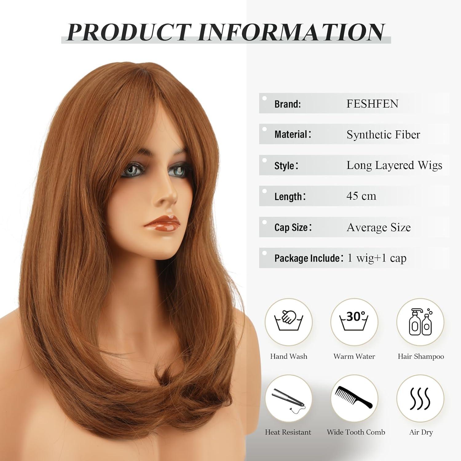 imageFESHFEN Lace Front Hairline Wigs with Bangs Synthetic Natural Looking Long Layered Straight Hair Wig for Women Daily Party Costume 18 inch Ombre Mixed BlondeAuburn