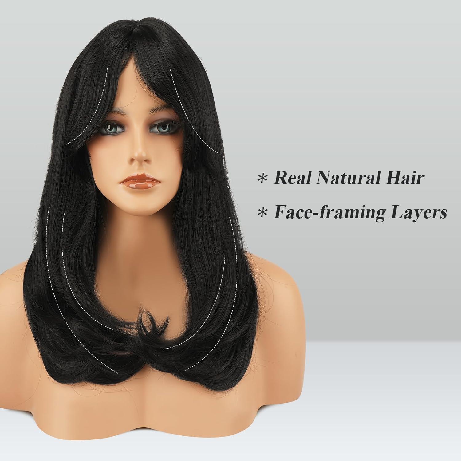 imageFESHFEN Lace Front Hairline Wigs with Bangs Synthetic Natural Looking Long Layered Straight Hair Wig for Women Daily Party Costume 18 inch Ombre Mixed BlondeNatural Black