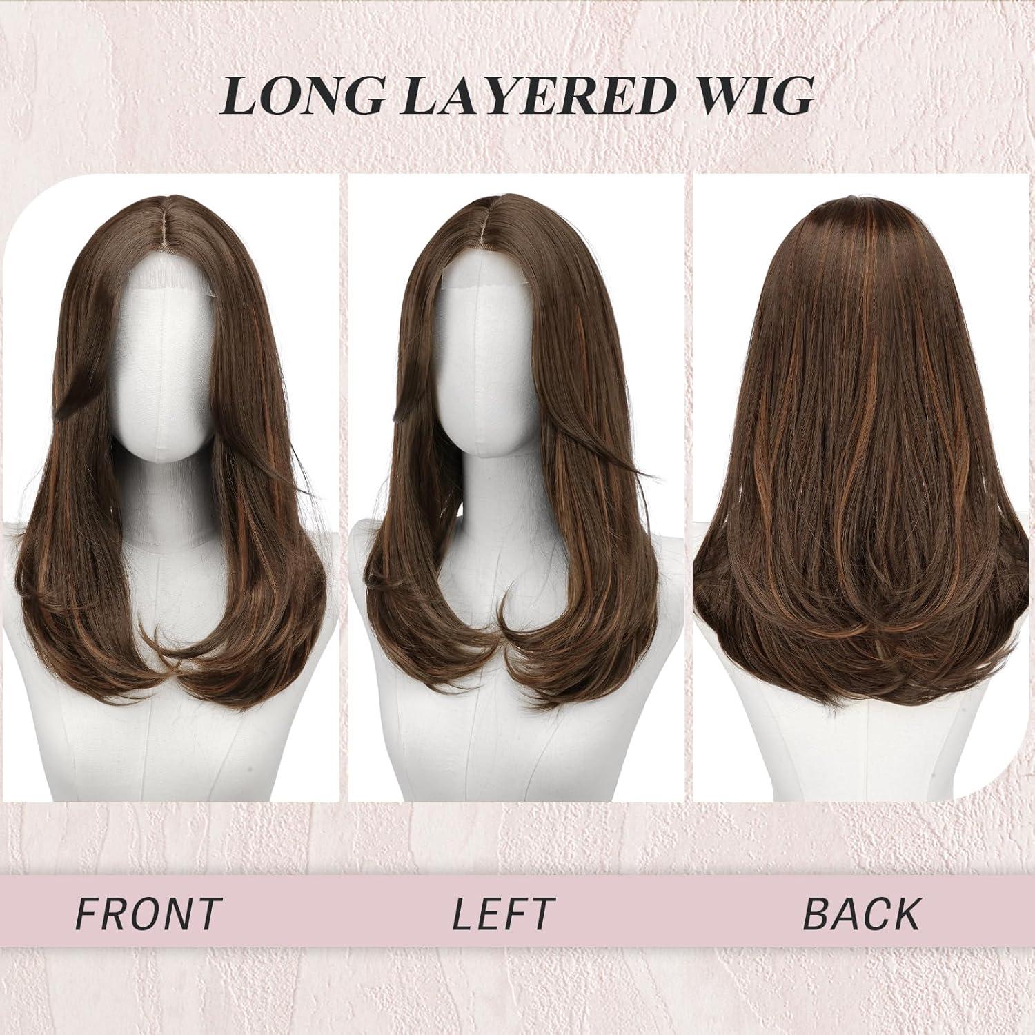imageFESHFEN Lace Front Hairline Wigs with Bangs Synthetic Natural Looking Long Layered Straight Hair Wig for Women Daily Party Costume 18 inch Ombre Mixed BlondeBrown Mixed Auburnwith Lace Hairline