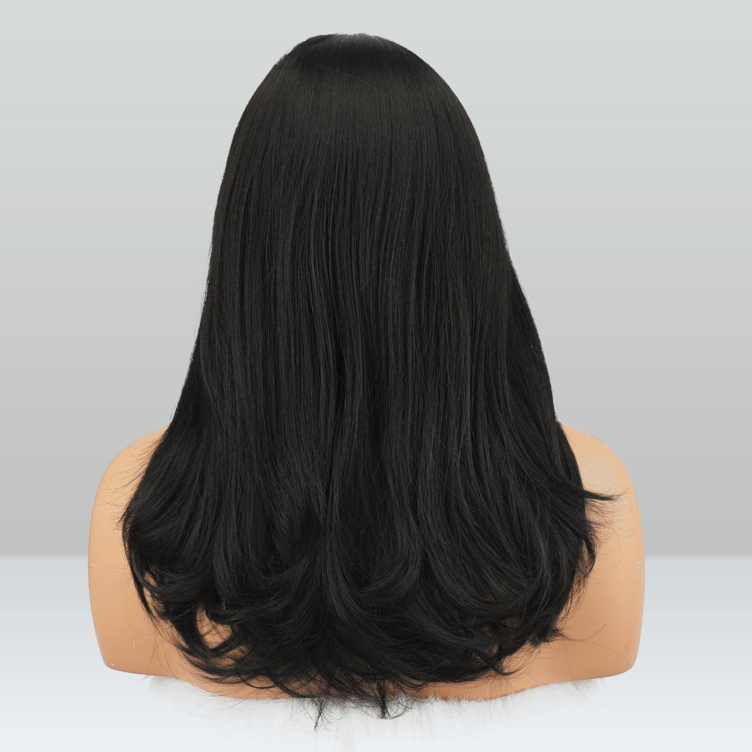 imageFESHFEN Lace Front Hairline Wigs with Bangs Synthetic Natural Looking Long Layered Straight Hair Wig for Women Daily Party Costume 18 inch Ombre Mixed BlondeNatural Black