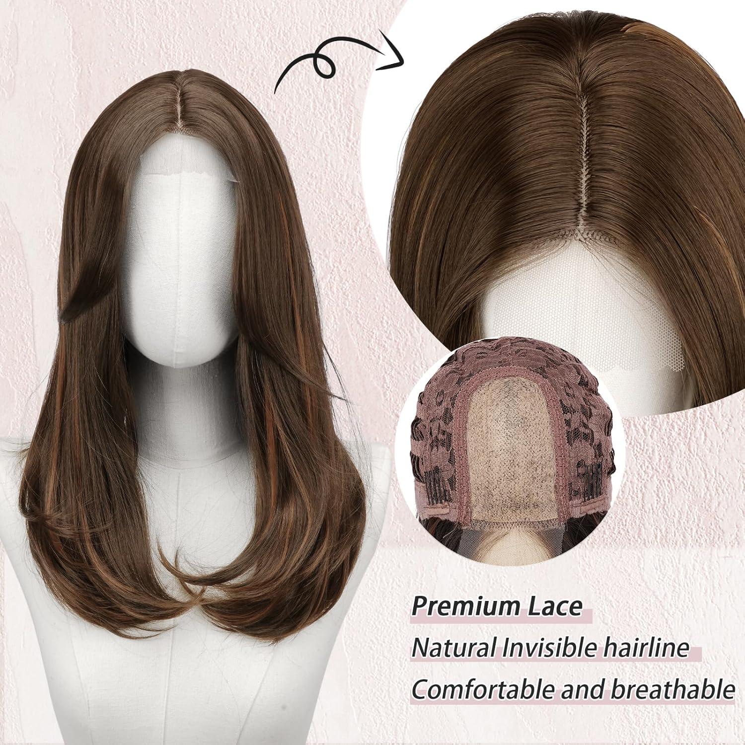 imageFESHFEN Lace Front Hairline Wigs with Bangs Synthetic Natural Looking Long Layered Straight Hair Wig for Women Daily Party Costume 18 inch Ombre Mixed BlondeBrown Mixed Auburnwith Lace Hairline
