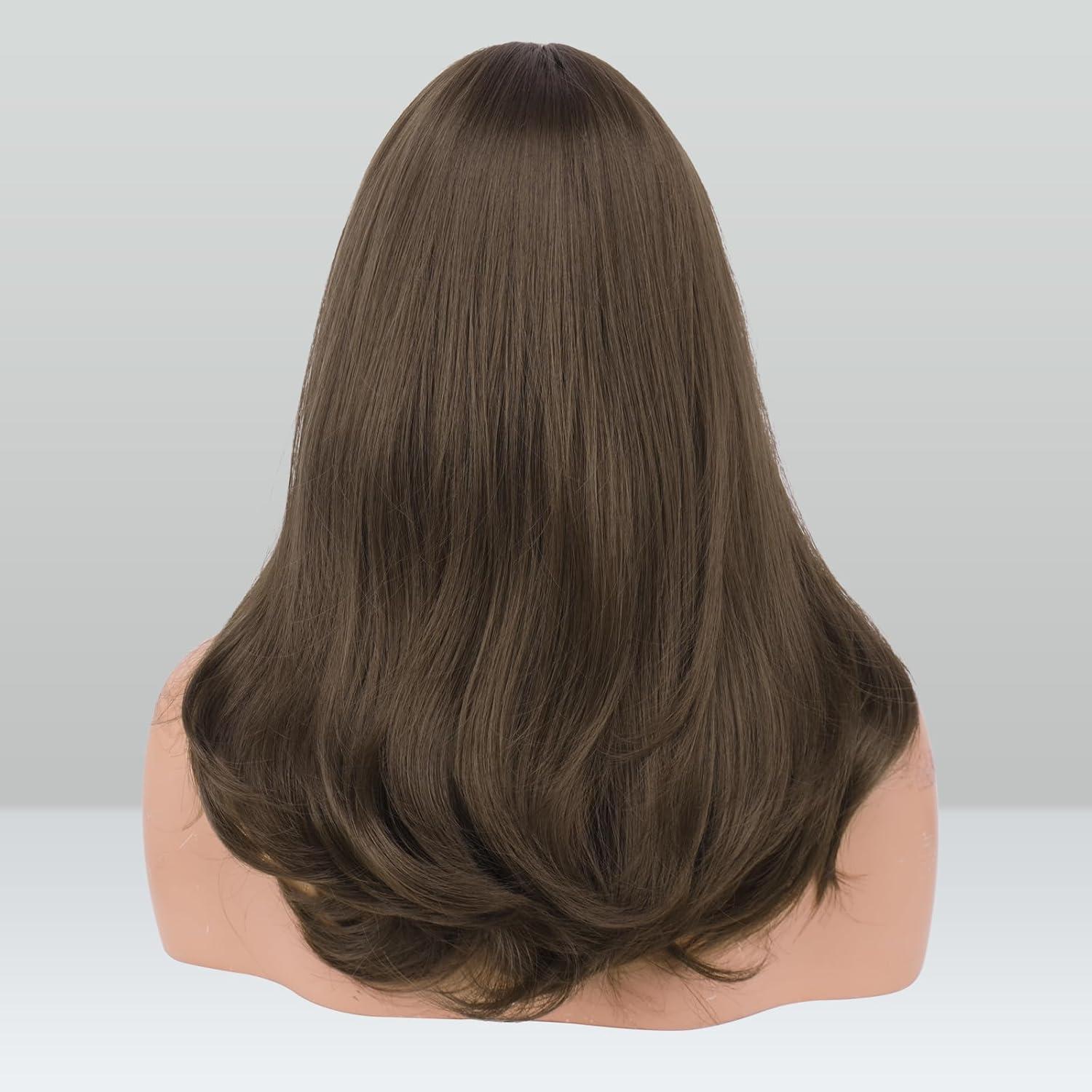 imageFESHFEN Lace Front Hairline Wigs with Bangs Synthetic Natural Looking Long Layered Straight Hair Wig for Women Daily Party Costume 18 inch Ombre Mixed BlondeMedium Brown