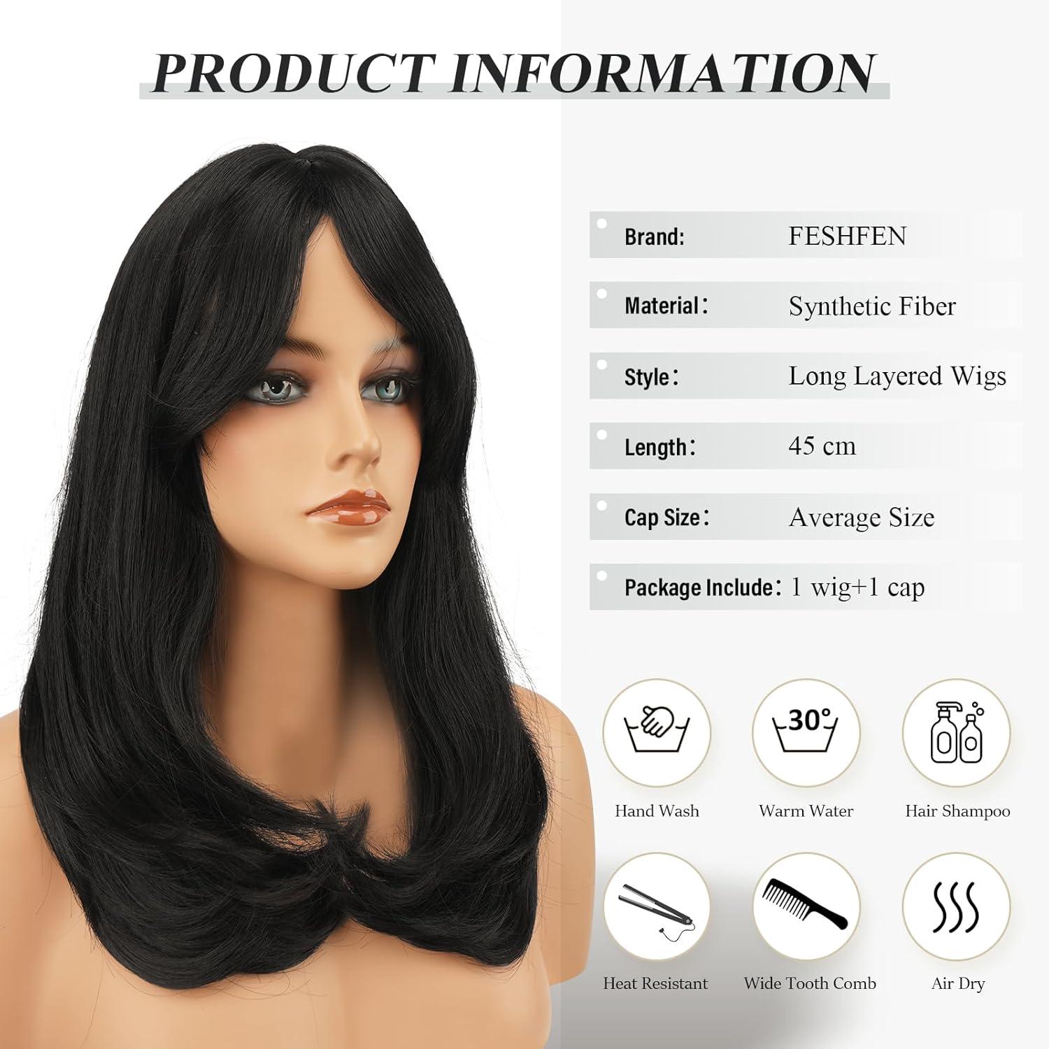 imageFESHFEN Lace Front Hairline Wigs with Bangs Synthetic Natural Looking Long Layered Straight Hair Wig for Women Daily Party Costume 18 inch Ombre Mixed BlondeNatural Black