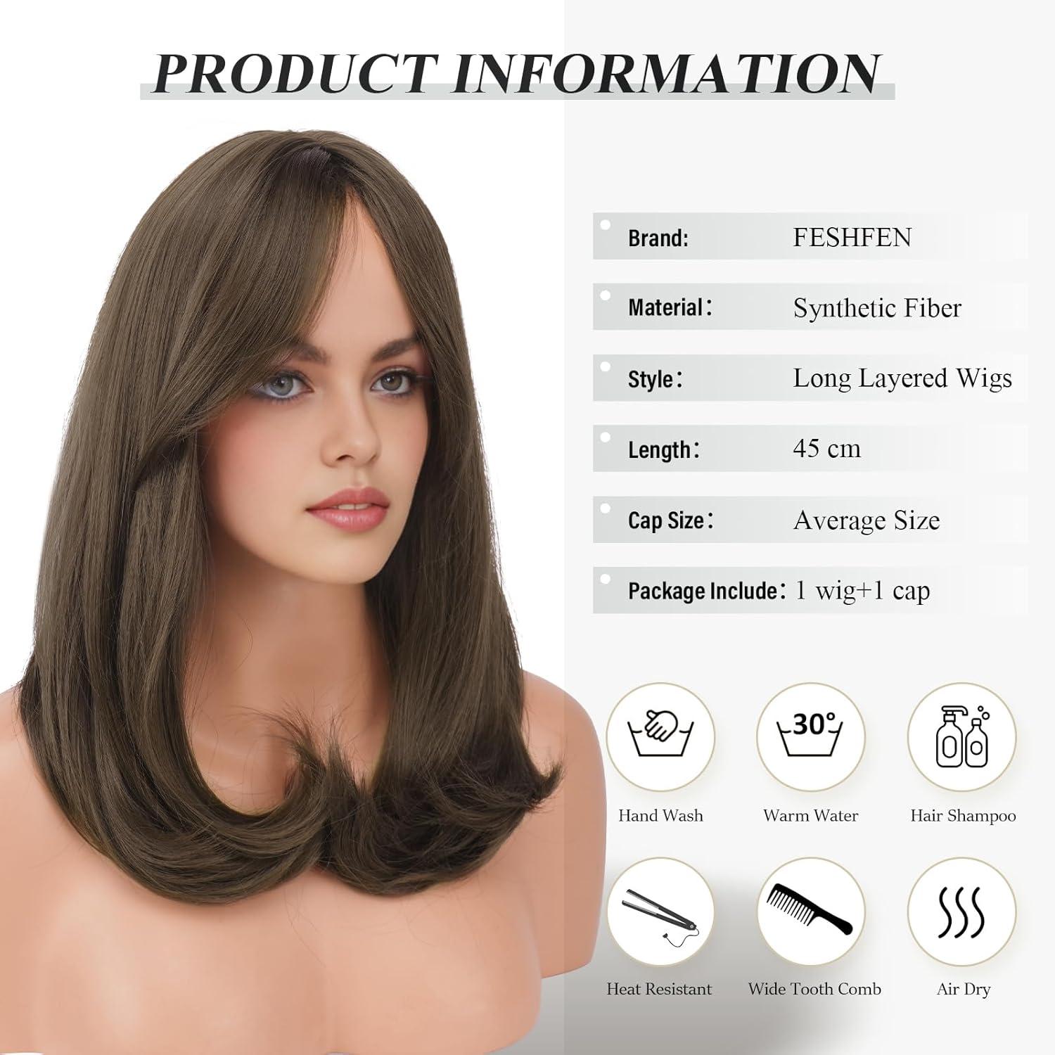 imageFESHFEN Lace Front Hairline Wigs with Bangs Synthetic Natural Looking Long Layered Straight Hair Wig for Women Daily Party Costume 18 inch Ombre Mixed BlondeMedium Brown
