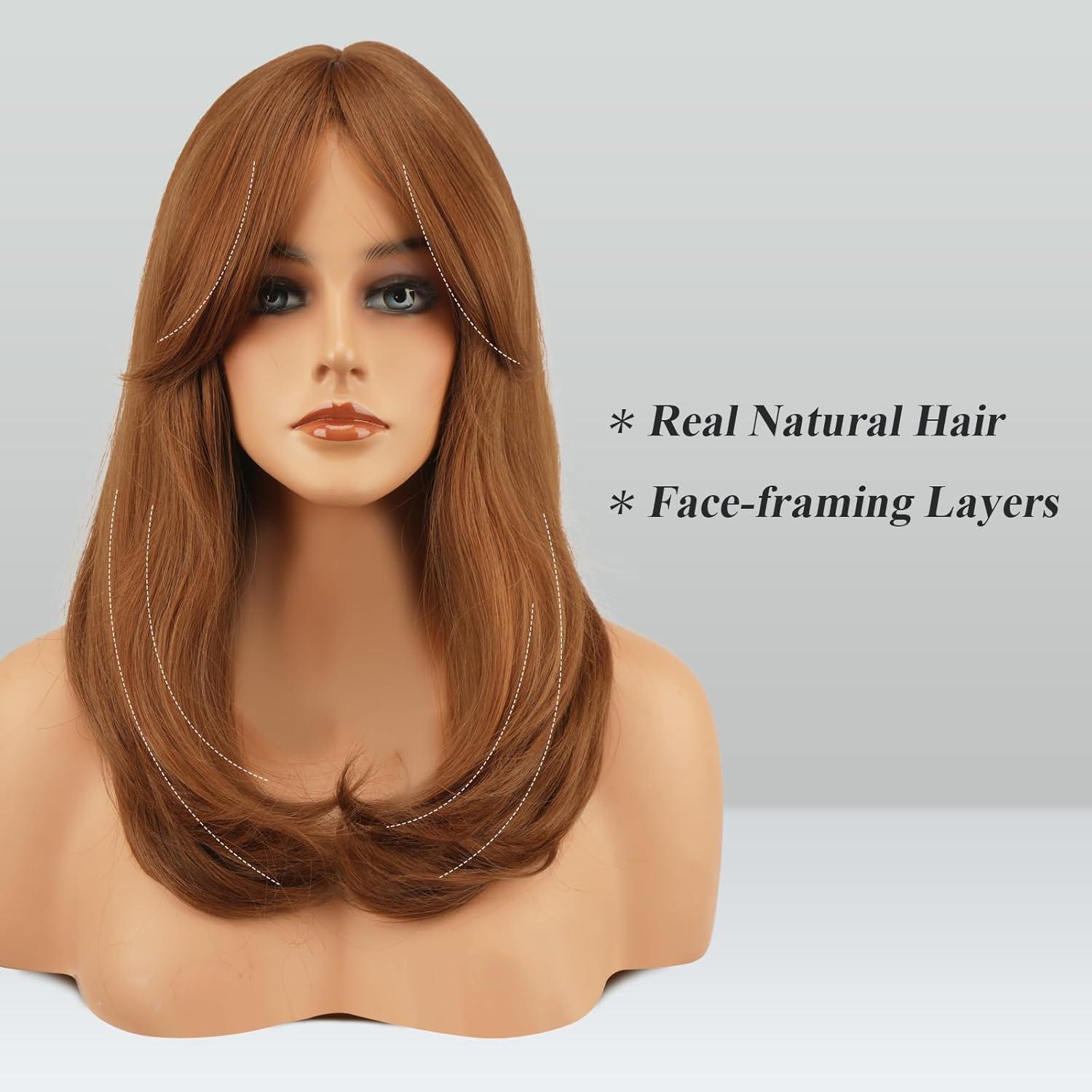 imageFESHFEN Lace Front Hairline Wigs with Bangs Synthetic Natural Looking Long Layered Straight Hair Wig for Women Daily Party Costume 18 inch Ombre Mixed BlondeAuburn