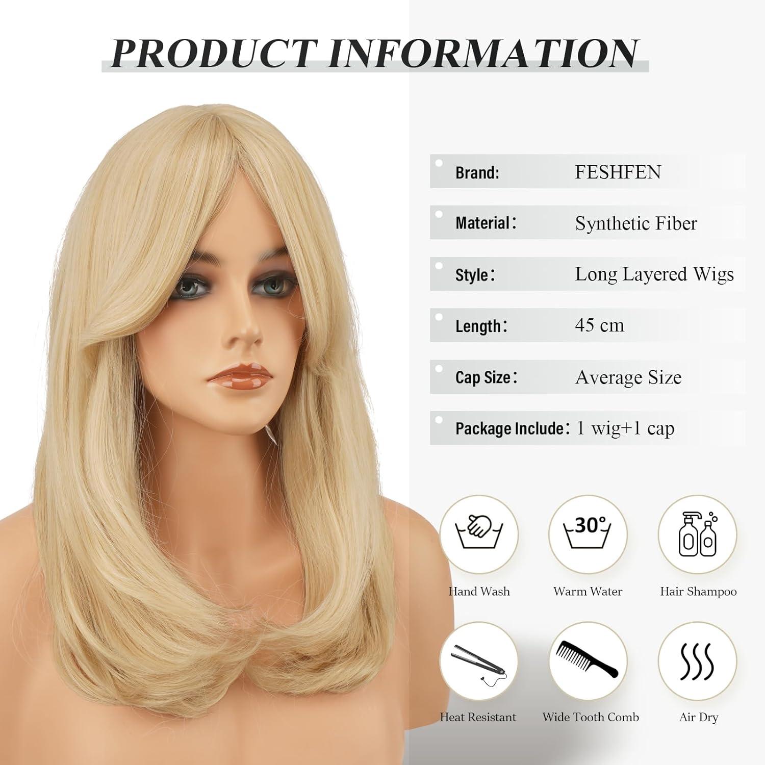 imageFESHFEN Lace Front Hairline Wigs with Bangs Synthetic Natural Looking Long Layered Straight Hair Wig for Women Daily Party Costume 18 inch Ombre Mixed BlondeLight Blonde
