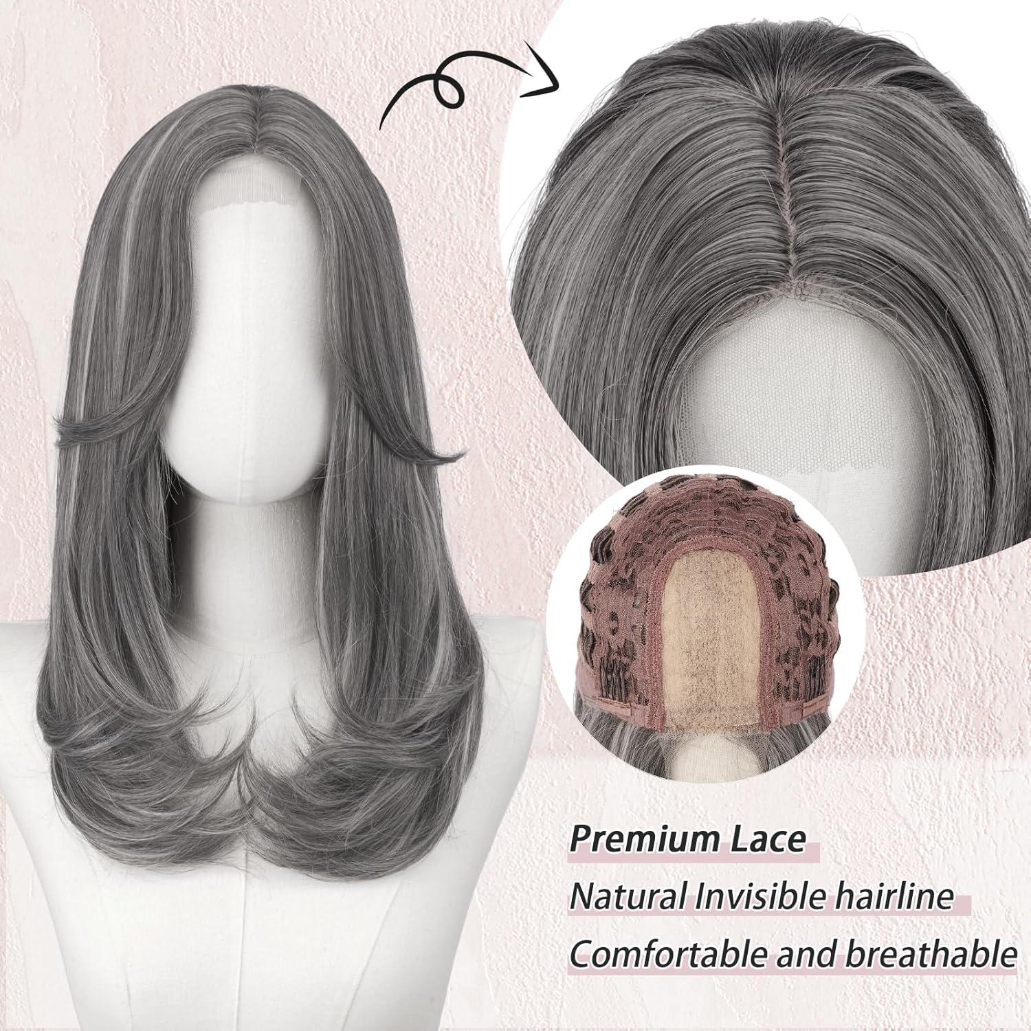 imageFESHFEN Lace Front Hairline Wigs with Bangs Synthetic Natural Looking Long Layered Straight Hair Wig for Women Daily Party Costume 18 inch Ombre Mixed BlondeMix Greywith Lace Hairline
