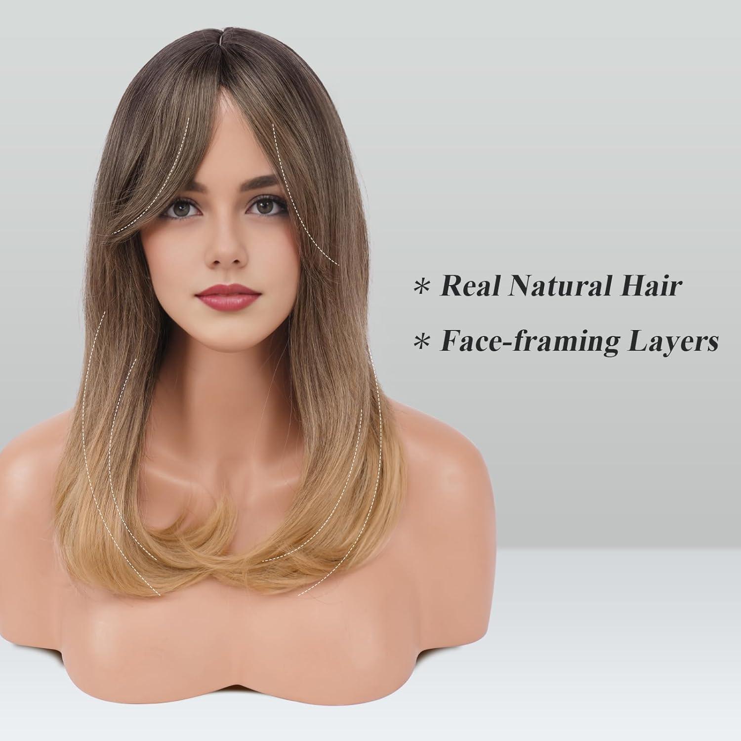 imageFESHFEN Lace Front Hairline Wigs with Bangs Synthetic Natural Looking Long Layered Straight Hair Wig for Women Daily Party Costume 18 inch Ombre Mixed BlondeBrown Ombre Blonde