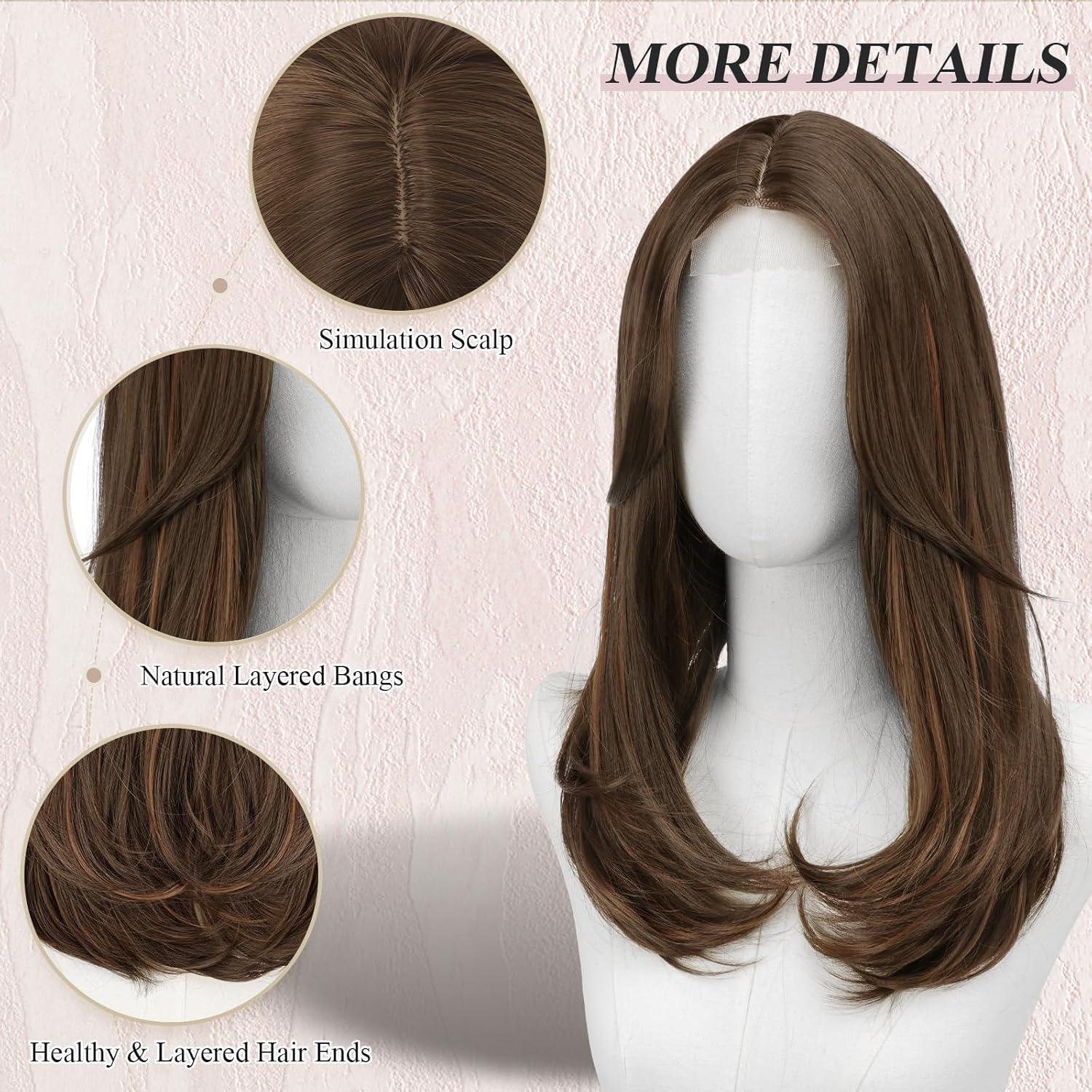 imageFESHFEN Lace Front Hairline Wigs with Bangs Synthetic Natural Looking Long Layered Straight Hair Wig for Women Daily Party Costume 18 inch Ombre Mixed BlondeBrown Mixed Auburnwith Lace Hairline
