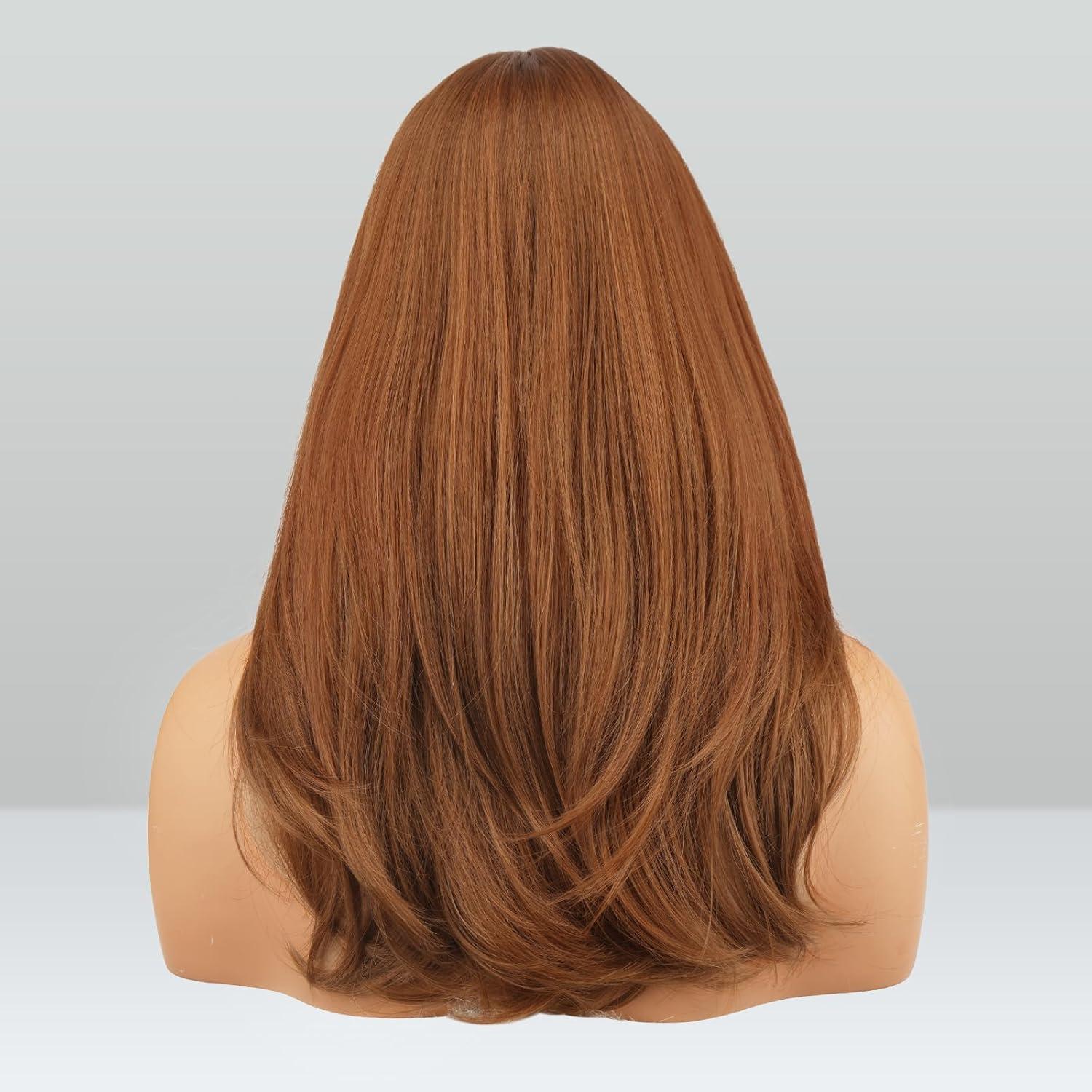 imageFESHFEN Lace Front Hairline Wigs with Bangs Synthetic Natural Looking Long Layered Straight Hair Wig for Women Daily Party Costume 18 inch Ombre Mixed BlondeAuburn