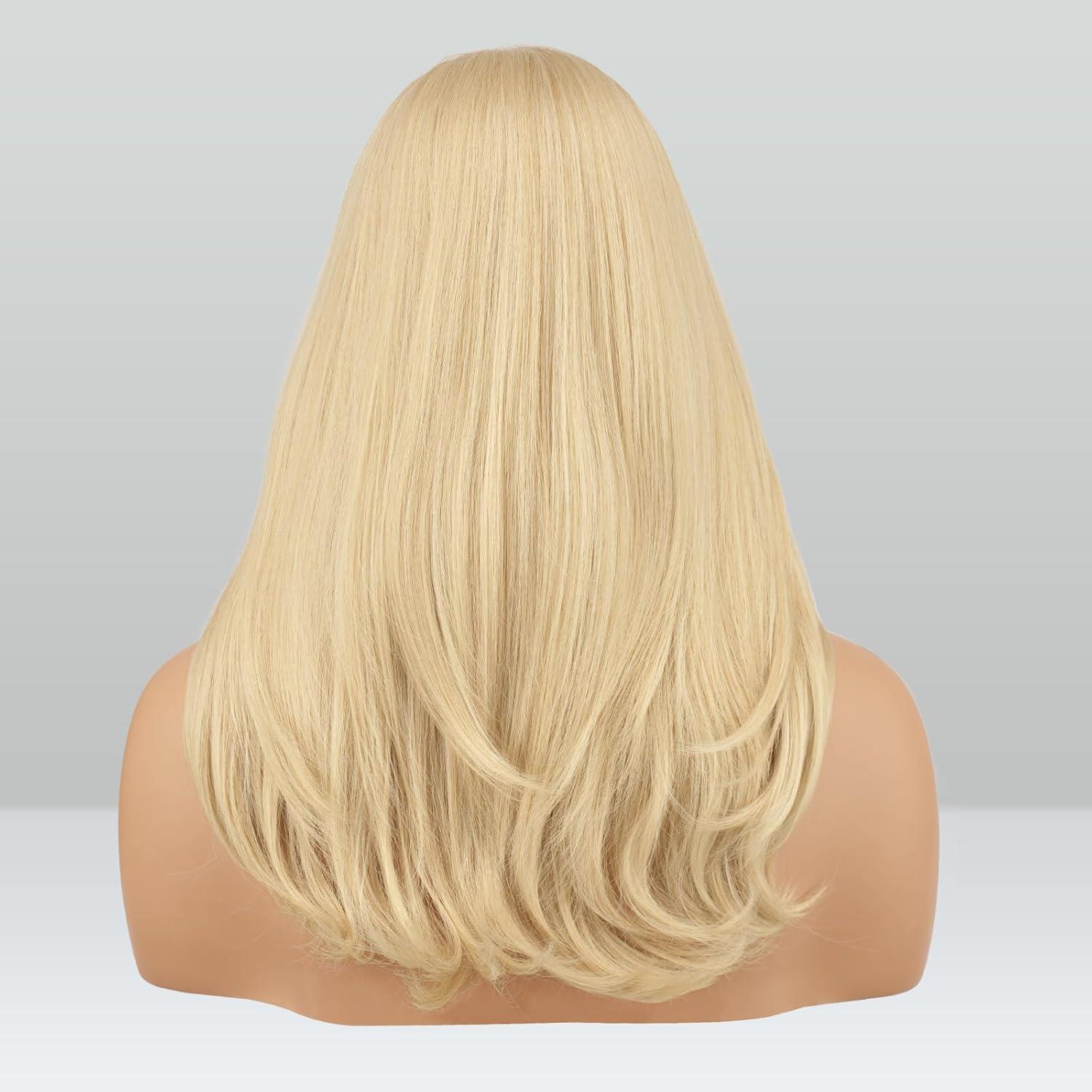 imageFESHFEN Lace Front Hairline Wigs with Bangs Synthetic Natural Looking Long Layered Straight Hair Wig for Women Daily Party Costume 18 inch Ombre Mixed BlondeLight Blonde
