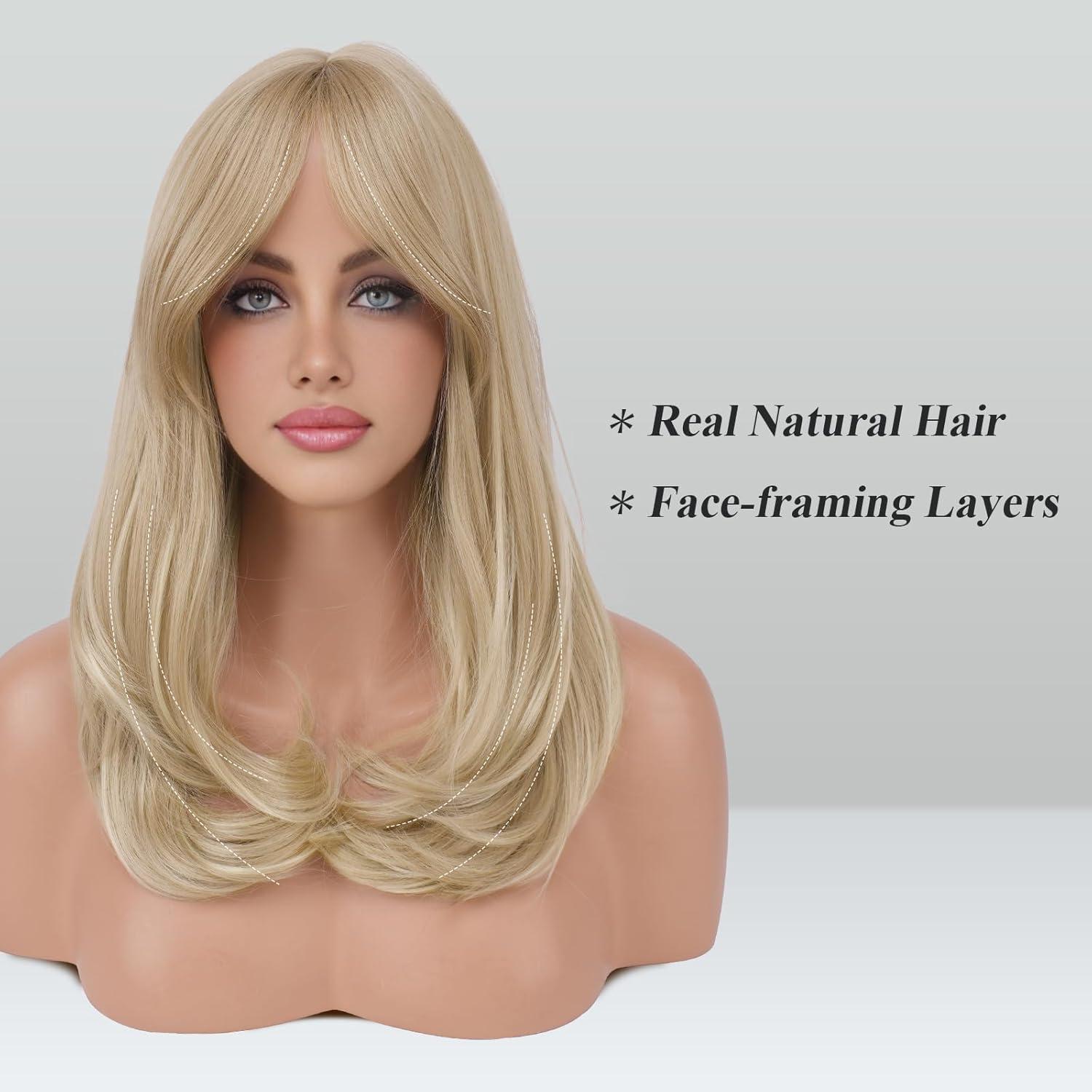 imageFESHFEN Lace Front Hairline Wigs with Bangs Synthetic Natural Looking Long Layered Straight Hair Wig for Women Daily Party Costume 18 inch Ombre Mixed BlondeDirty Blonde