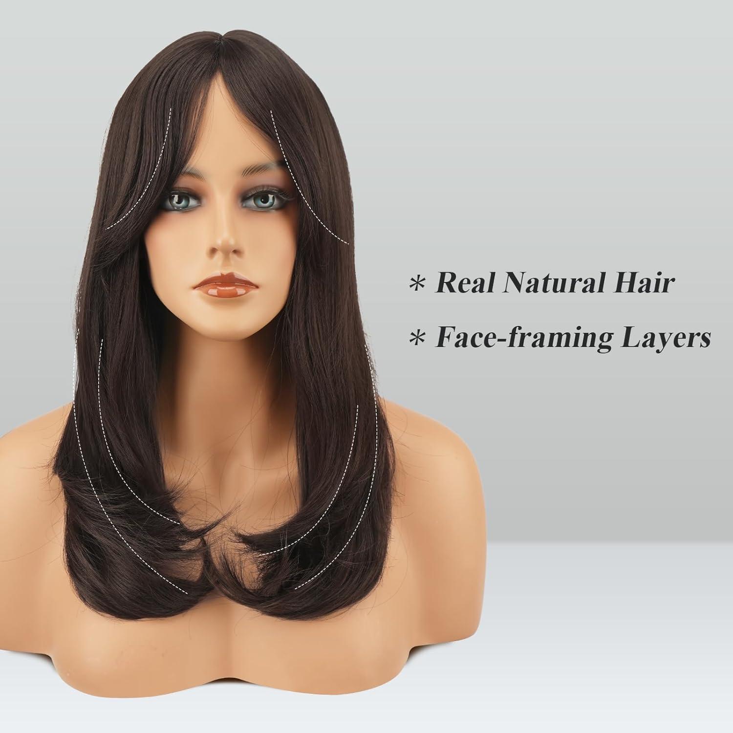 imageFESHFEN Lace Front Hairline Wigs with Bangs Synthetic Natural Looking Long Layered Straight Hair Wig for Women Daily Party Costume 18 inch Ombre Mixed BlondeBrown