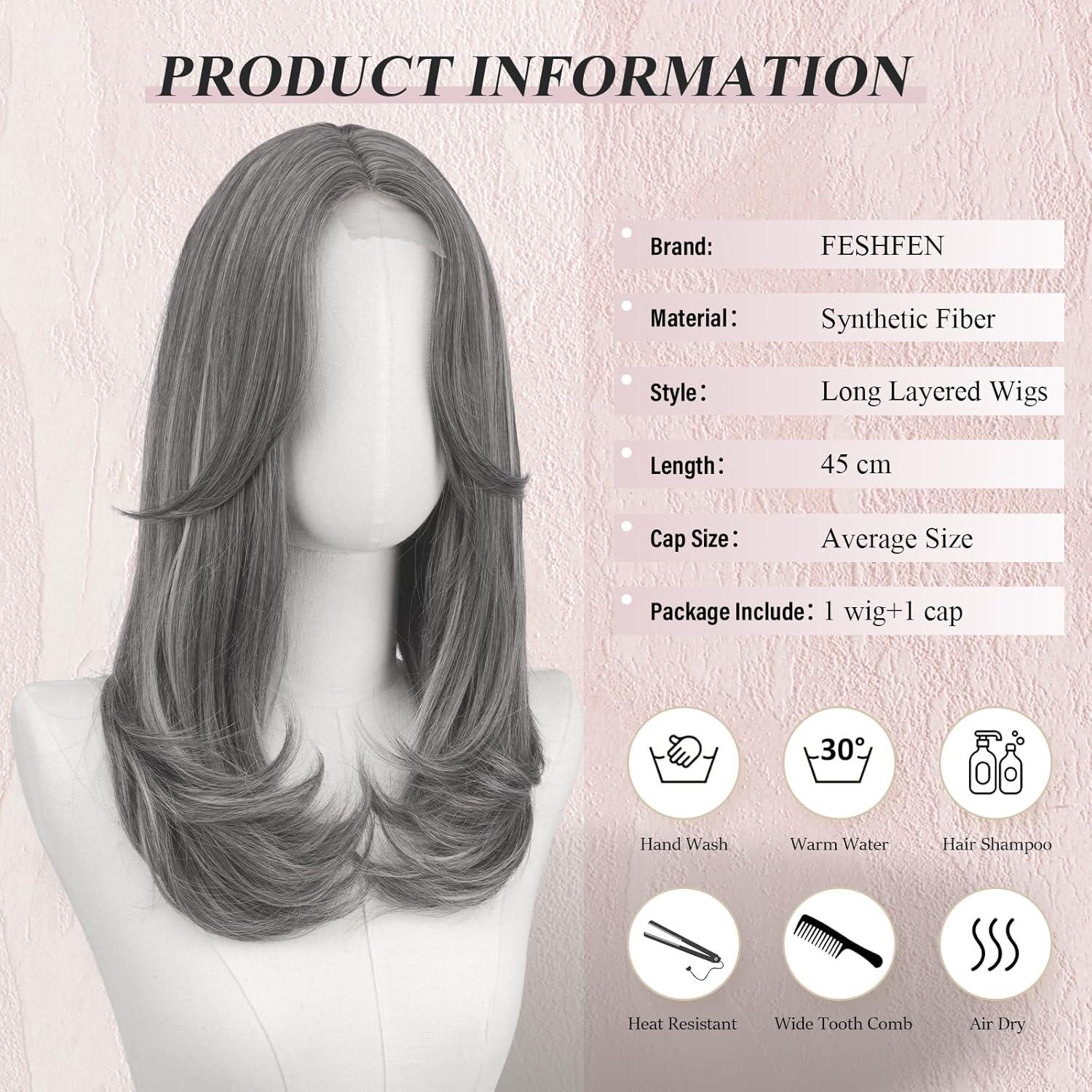 imageFESHFEN Lace Front Hairline Wigs with Bangs Synthetic Natural Looking Long Layered Straight Hair Wig for Women Daily Party Costume 18 inch Ombre Mixed BlondeMix Greywith Lace Hairline